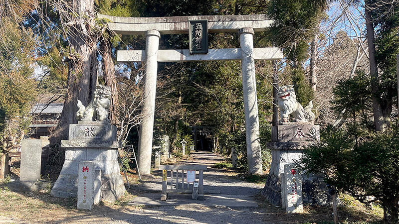 狛犬が並ぶ五所駒瀧神社の石鳥居と冬の澄んだ青空
