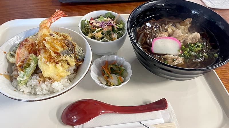 天ぷらの丼と温かい麺、サラダ、小鉢が載った食事セット