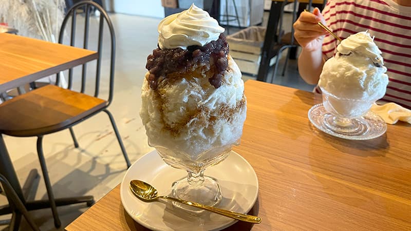 テーブルに並んだ蔵cafe 氷菓ふわりのあずきと黒糖塩ミルク、妻の本日のかき氷