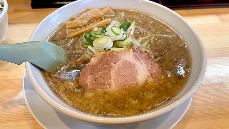 メンマと青ねぎ、チャーシューがのった奉蘭鉾田家のあおり醤油ラーメン